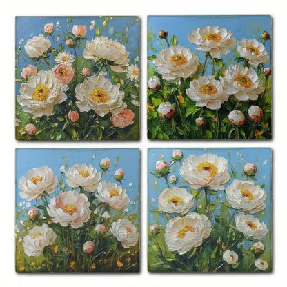 4pcs White Flower Bouquet Wall Art Canvas Framed - Bella Home Decor
