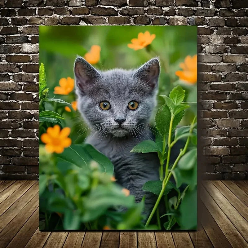 Flowers And Plants Cute Russian Blue Kitten Painting 40x60cm Metal Print Ready to Hang