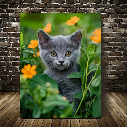 Flowers And Plants Cute Russian Blue Kitten Painting 40x60cm Metal Print Ready to Hang