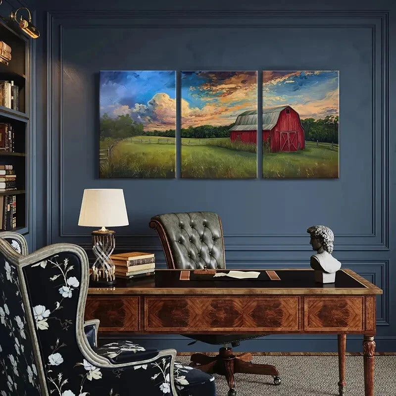 3pcs Red Barn Pastoral Landscape Vibrant Sky Metal Print Ready to Hang Art - Bella Home Decor