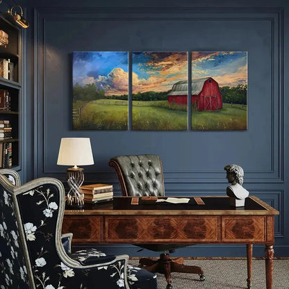 3pcs Red Barn Pastoral Landscape Vibrant Sky Metal Print Ready to Hang Art - Bella Home Decor