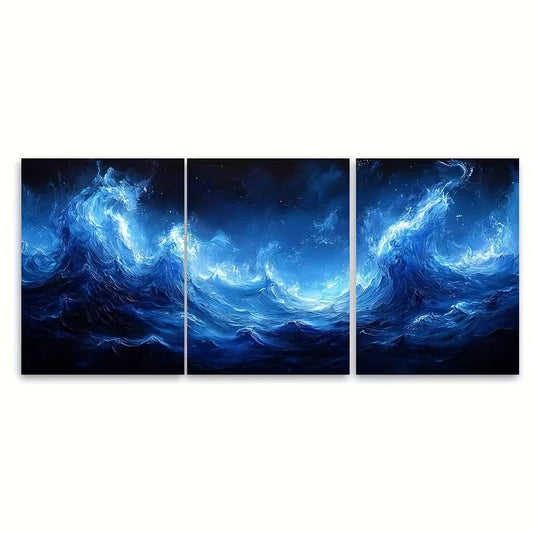 3pcs Featuring a Serene Blue Neon Seascape Metal Print Ready to Hang Art