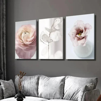 3pcs Pink Tudan Roses and Silver Fan Leaves Wall Art Set Canvas Unframed - High Quality Print 100% Australian Made Wall Canvas