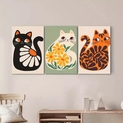 3pcs Boho Wall Art Cute Cats Artwork Plant Wall Art Set Canvas Unframed - High Quality Print 100% Australian Made Wall Canvas - Bella Home Decor