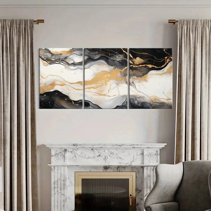3pcs Abstract Art Golden Black White Poster Metal Print Ready to Hang Art - Bella Home Decor