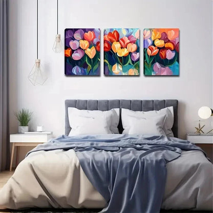 3pcs Colorful Tulips Densely Arranged Perfect Wall Art Set Canvas Framed 50x70cm - High Quality Print 100% Australian Made Wall Canvas Ready to Hang - Bella Home Decor