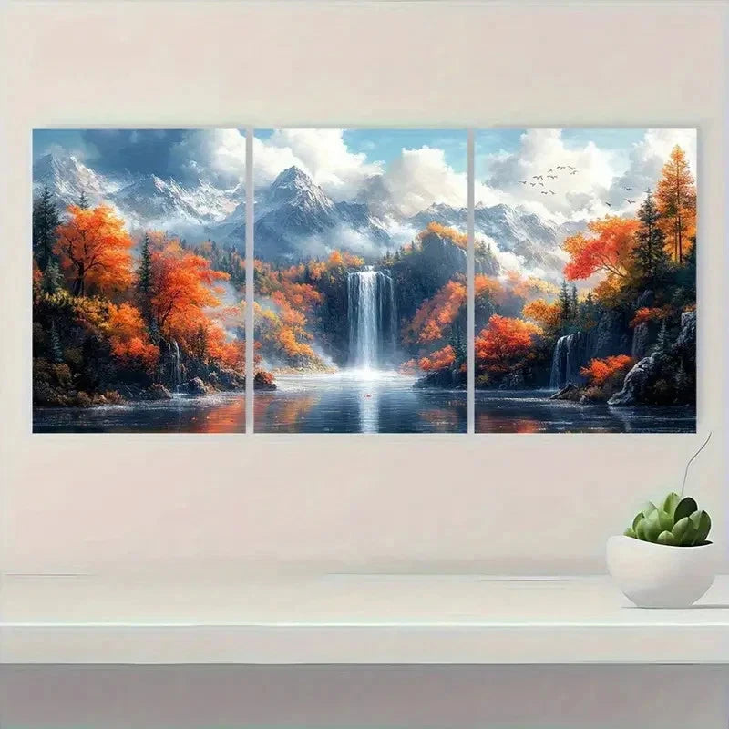 3pcs Vibrant Forest Waterfall & Misty Peaks Scene Metal Print Ready to Hang Art - Bella Home Decor