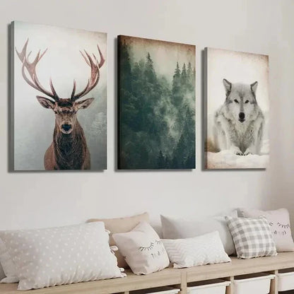 3pcs Vintage Forest and Animals Deer and Wolf Wall Art Set Canvas Unframed - High Quality Print 100% Australian Made Wall Canvas