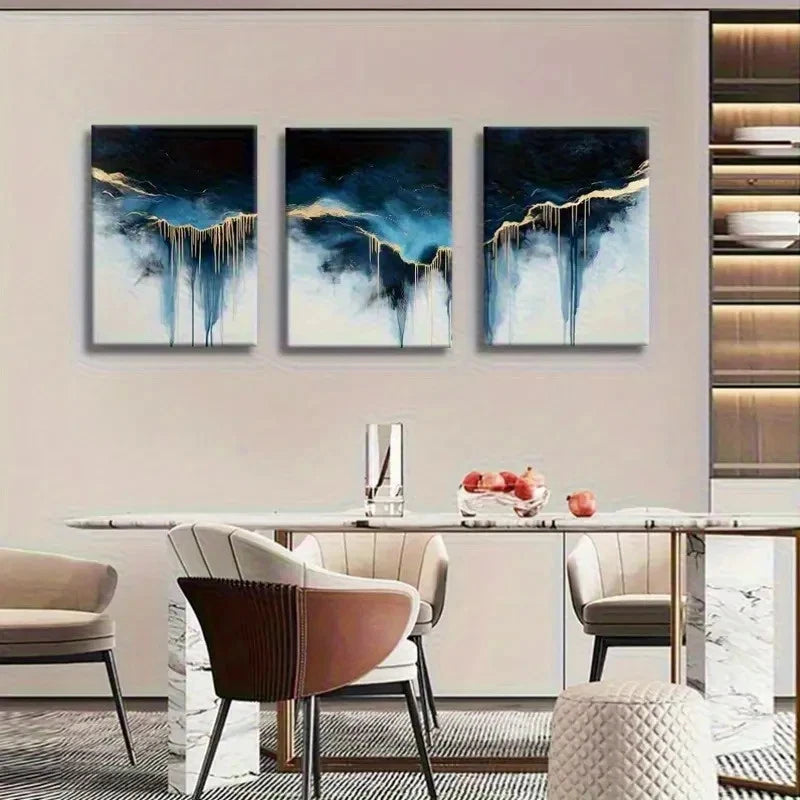 3pcs Abstract Blue and Golden Oil Painting Metal Print Ready to Hang Art - Bella Home Decor