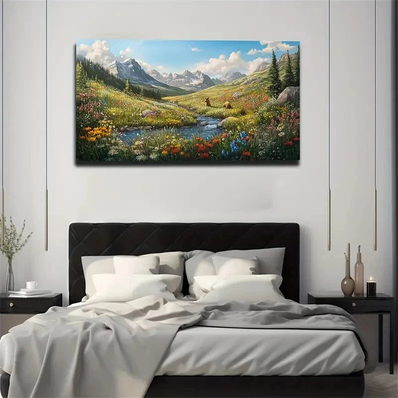 Vibrant Mountain Valley Wall Art Canvas Office Home Room Framed 120x60cm