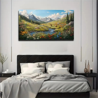 Vibrant Mountain Valley Wall Art Canvas Office Home Room Framed 120x60cm