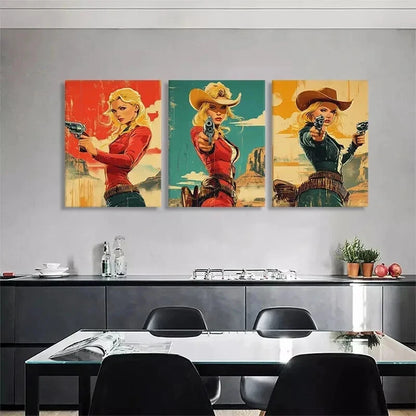3pcs Retro Wild West Cowgirl Gunslinger Perfect Wall Art Set Canvas Framed 50x70cm - High Quality Print 100% Australian Made Wall Canvas Ready to Hang
