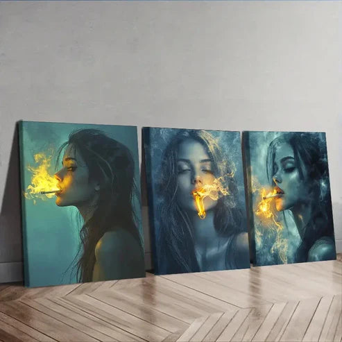 3pcs The woman puffed her smoke Wall Art Set Canvas Unframed - High Quality Print 100% Australian Made Wall Canvas