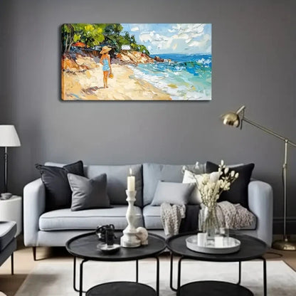 Lady Blue Dress Strolling Beach Wall Art Canvas Office Home Room Framed 120x60cm - Bella Home Decor