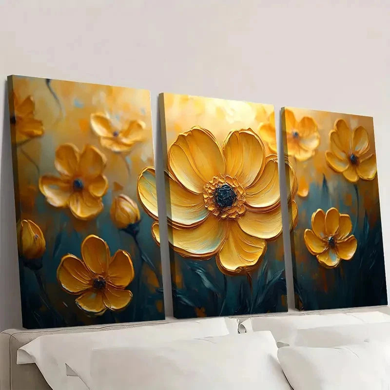 3pcs  Yellow Wildflower Artwork AW    Wall Art Set Canvas Framed 60x90cm - High Quality Print 100% Australian Made Wall Canvas Ready to Hang - Bella Home Decor