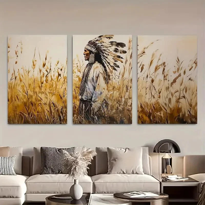 3pcs Native American Chief in Wheat Field Metal Print Ready to Hang Art - Bella Home Decor