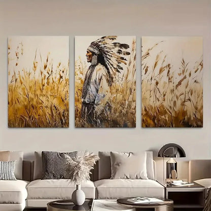 3pcs Native American Chief in Wheat Field Metal Print Ready to Hang Art - Bella Home Decor