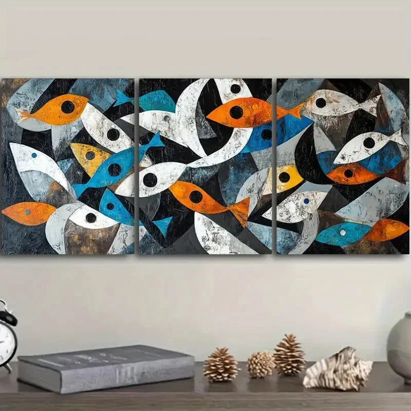 3pcs Blue White & Orange Geometric Patterns Metal Print Ready to Hang Art - Bella Home Decor