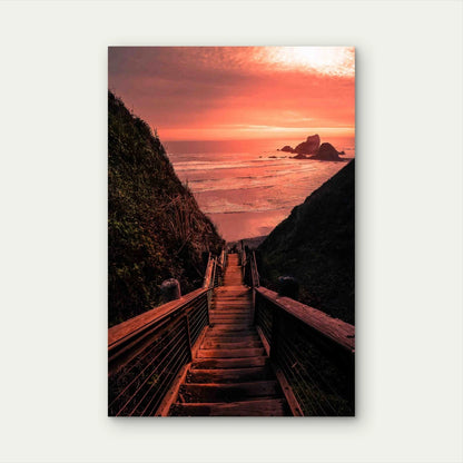 Wooden Bridge Beach During Sunset Metal Print Ready to Hang