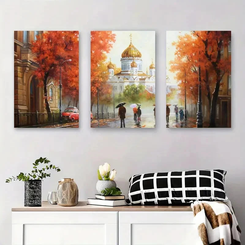 3pcs European Architecture Painting with Golden Metal Print Ready to Hang Art - Bella Home Decor