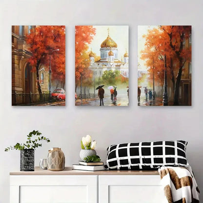 3pcs European Architecture Painting with Golden Metal Print Ready to Hang Art - Bella Home Decor