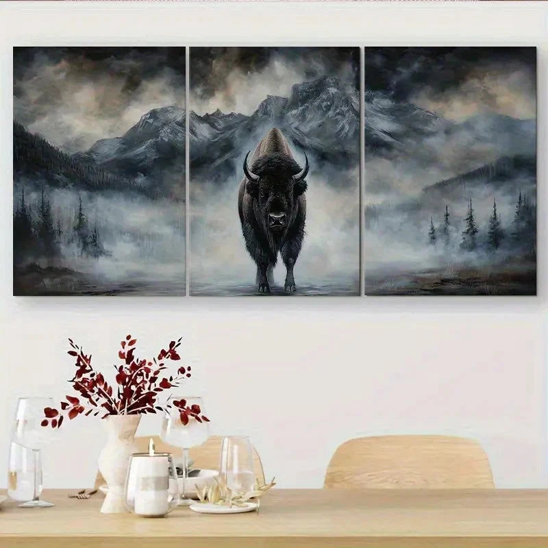 3pcs Bison in Foggy Mountain Landscape Metal Print Ready to Hang Art - Bella Home Decor
