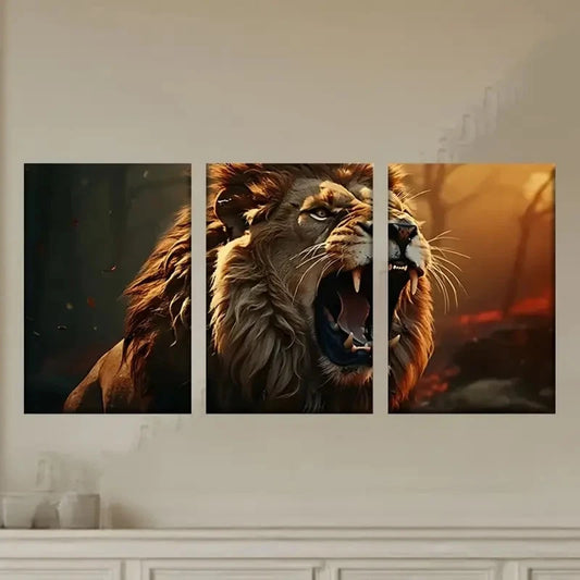 3pcs a Lion Roaring in The Dark Forest Wall Art Set Canvas Framed 50x70cm - High Quality Print 100% Australian Made Wall Canvas Ready to Hang