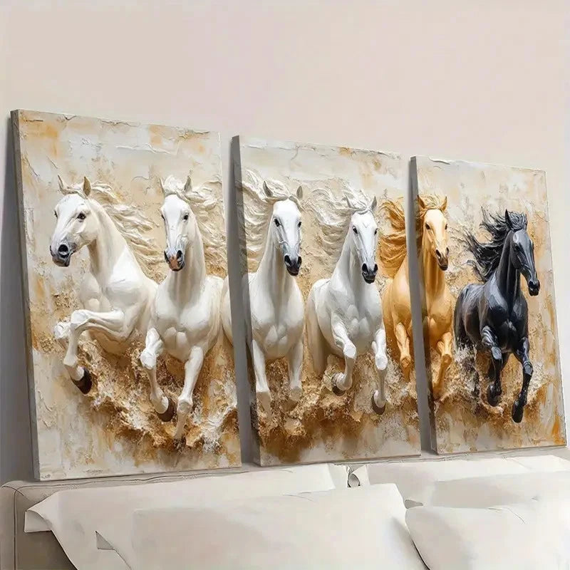 3pcs Seven Lucky Running Wild Horses U  Wall Art Set Canvas Framed 40x60cm - High Quality Print 100% Australian Made Wall Canvas Ready to Hang