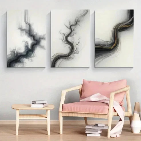 3pcs Black & White Swirls Wall Art Canvas Unframed - High Quality Print 100% Australian Made Wall Canvas - Bella Home Decor