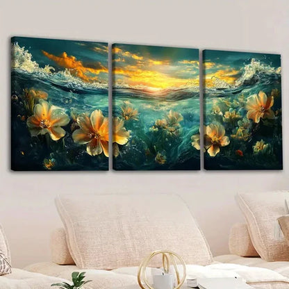 3pcs Fashion Sea Flower Art Sunset White Flowers Wall Art Set Canvas Unframed - High Quality Print 100% Australian Made Wall Canvas