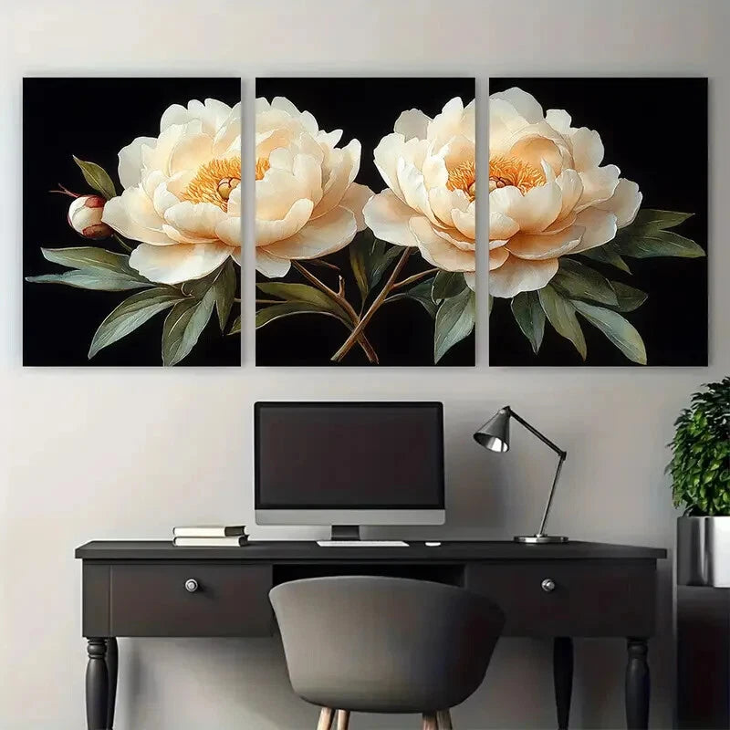 3pcs Elegant White Peony Botanical Design Metal Print Ready to Hang Art - Bella Home Decor