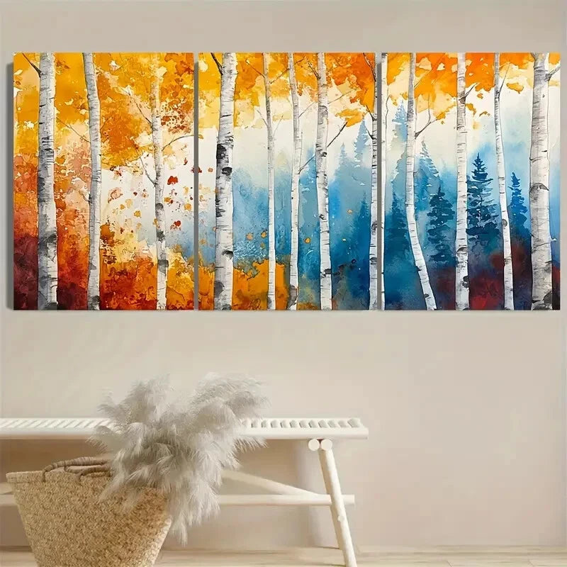 3pcs Autumn Birch Tree Vibrant Fall Forest Scene Metal Print Ready to Hang Art - Bella Home Decor