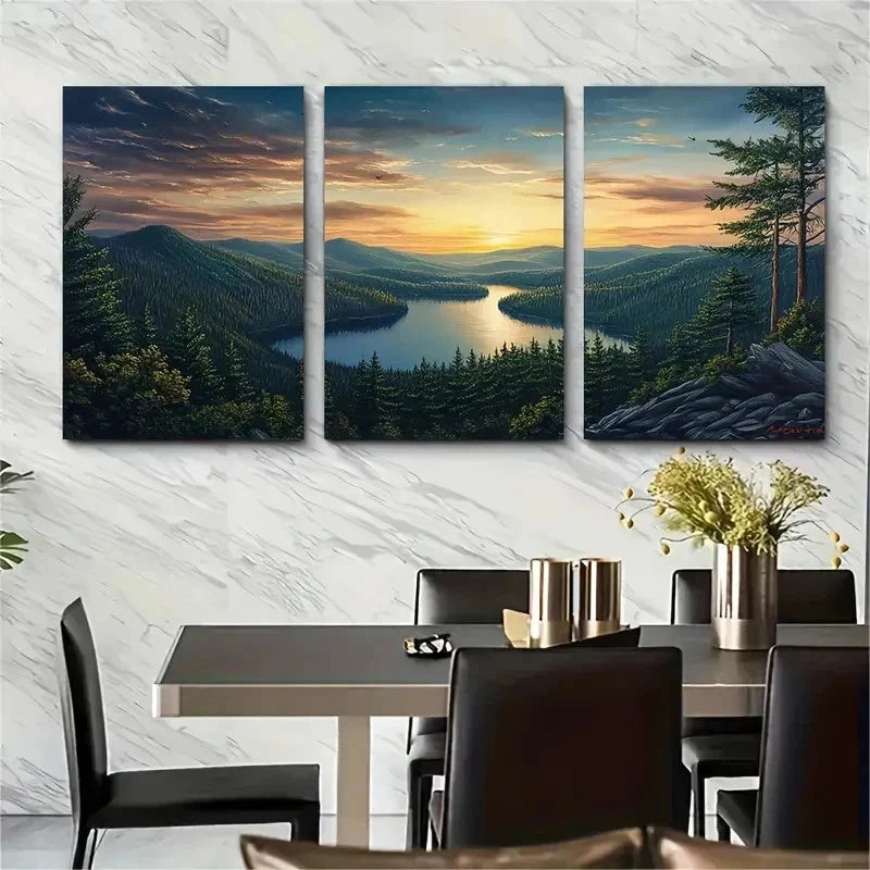 3pcs Sunset Scenic Lake View With Pine Perfect Wall Art Set Canvas Framed 50x70cm - High Quality Print 100% Australian Made Wall Canvas Ready to Hang