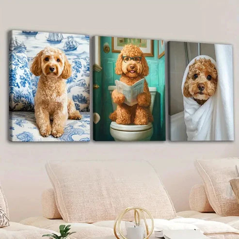 3pcs Cute Dogs Toilet Brawny Blue & White Green Wall Art Set Canvas Unframed - High Quality Print 100% Australian Made Wall Canvas - Bella Home Decor