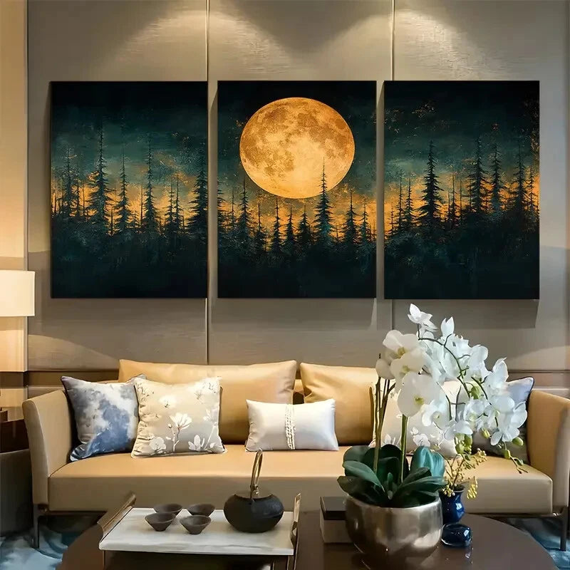 3pcs Golden Moonlit Forest Nature Metal Print Ready to Hang Art - Bella Home Decor