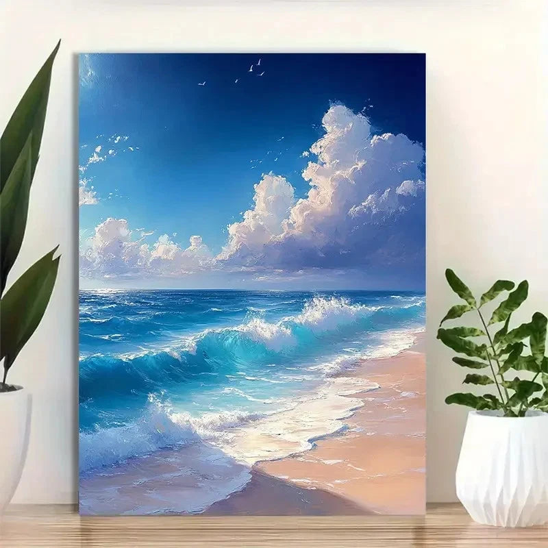 Beautiful Blue Sky and Clouds Ocean Painting 40x60cm Metal Print Ready to Hang