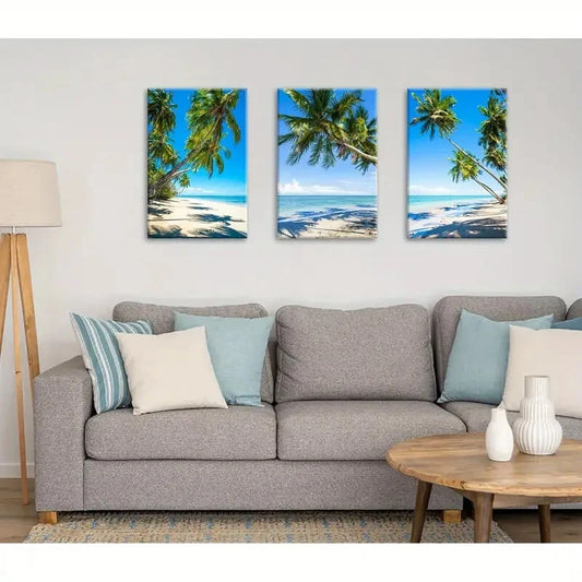 3pcs Coastal Palm Tree & Ocean Seascape Metal Print Ready to Hang Art