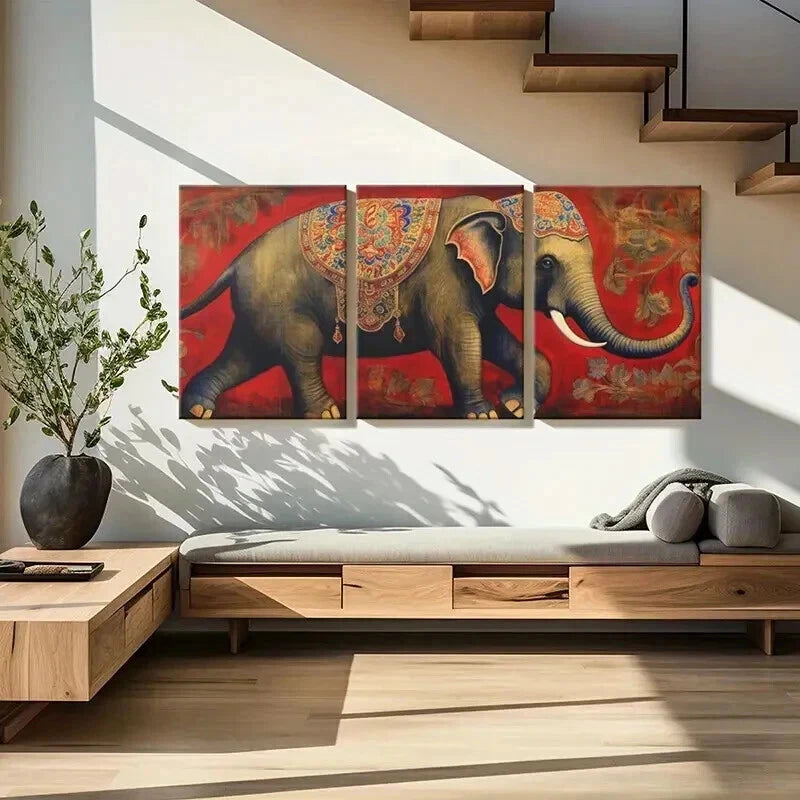 3pcs Elephant Indian Style on Vintage Red Wall Art Set Canvas Framed 50x70cm - High Quality Print 100% Australian Made Wall Canvas Ready to Hang - Bella Home Decor