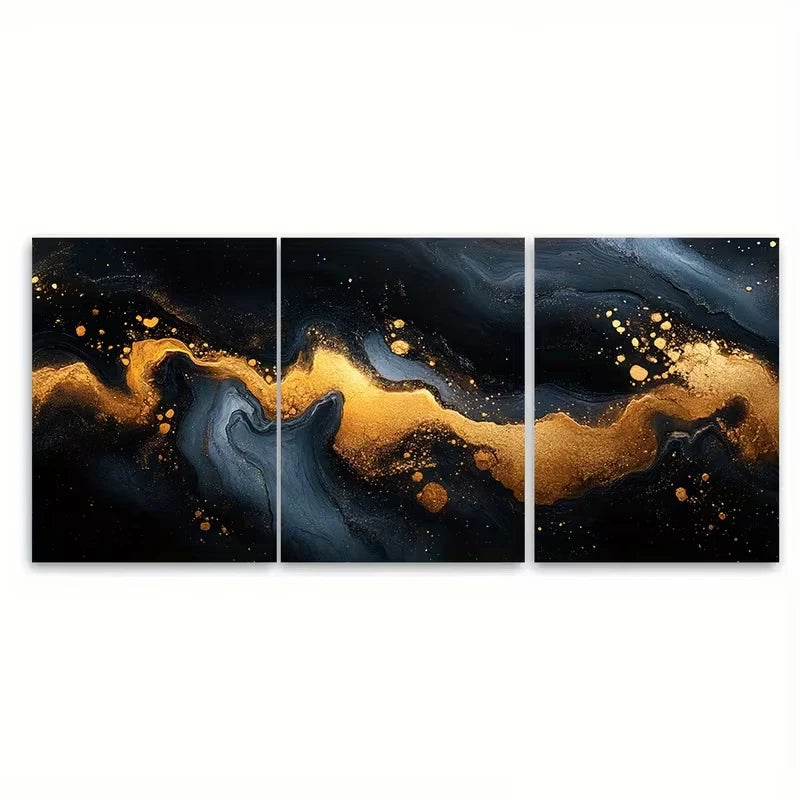 3pcs Abstract Art Golden Black White Metal Print Ready to Hang Art - Bella Home Decor