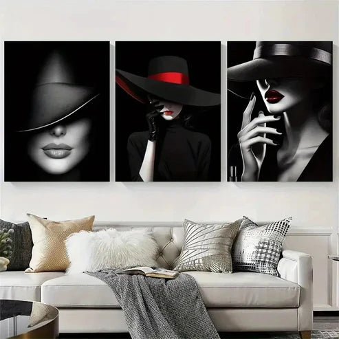 3pcs Chic Lady in Black Fedora Wall Art Set Canvas Unframed – High Quality Print 100% Australian Made Wall Canvas - Bella Home Decor
