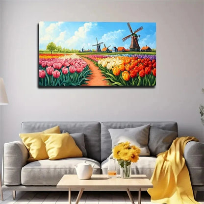 Vibrant Tulips & Dutch Windmill Wall Art Canvas Office Home Room Framed 120x60cm
