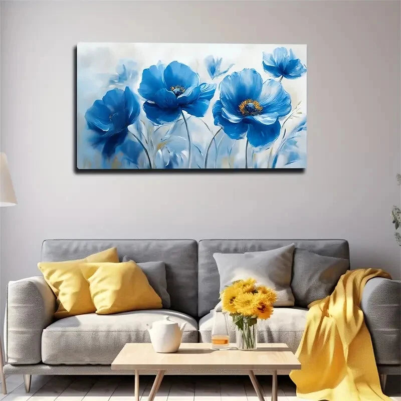 Blue Flowers With Yellow Center Wall Art Canvas Office Home Room Framed 120x60cm - Bella Home Decor