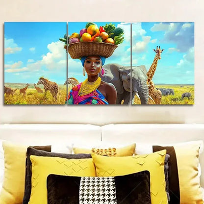 3pcs Fruit on the heads of African beauties  Wall Art Set Canvas Unframed - High Quality Print 100% Australian Made Wall Canvas - Bella Home Decor