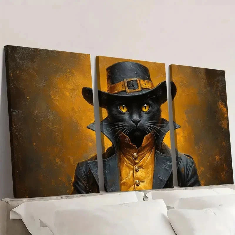 3pcs Gentleman Black Cat ART  Wall Art Set Canvas Framed 60x90cm - High Quality Print 100% Australian Made Wall Canvas Ready to Hang - Bella Home Decor