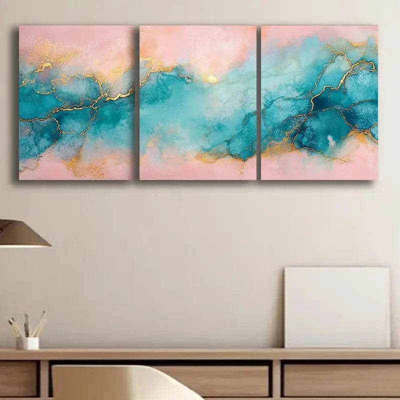 3pcs Blue Lilac Marble with Golden Veins BWall Art Canvas Framed 40x60cm - High Quality Print 100% Australian Made Wall Canvas Ready to Hang - Bella Home Decor