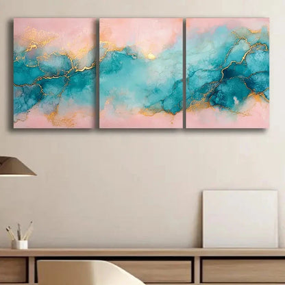 3pcs Blue Lilac Marble with Golden Veins BWall Art Canvas Framed 40x60cm - High Quality Print 100% Australian Made Wall Canvas Ready to Hang - Bella Home Decor