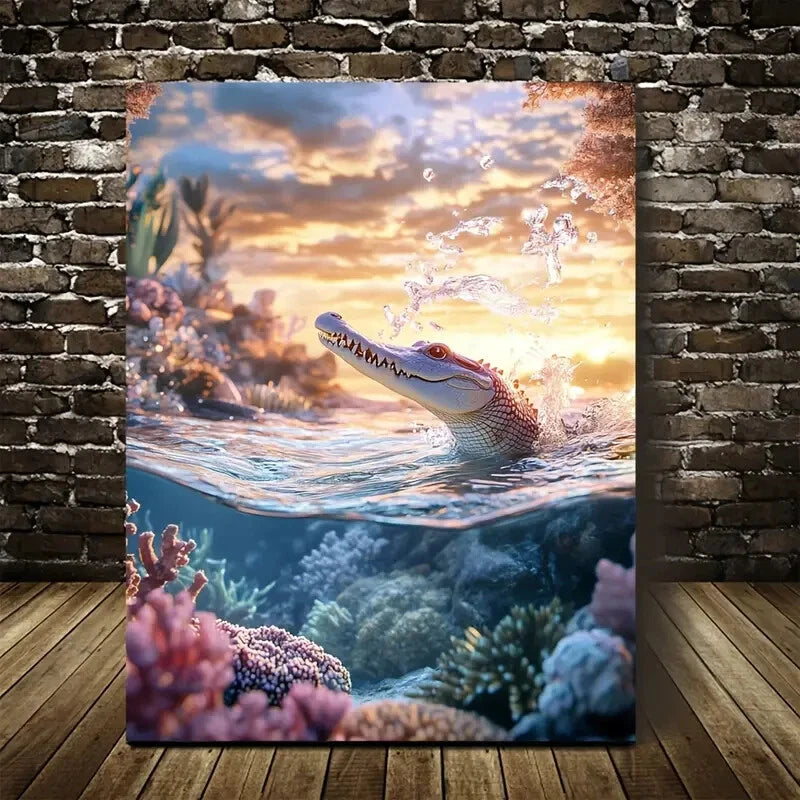 Vibrant Cartoon Crocodile Splashing Painting 40x60cm Metal Print Ready to Hang - Bella Home Decor