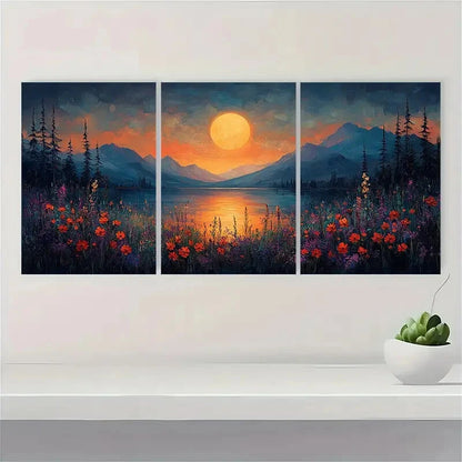 3pcs Moonlit Meadow Wildflower Paintings Metal Print Ready to Hang Art - Bella Home Decor
