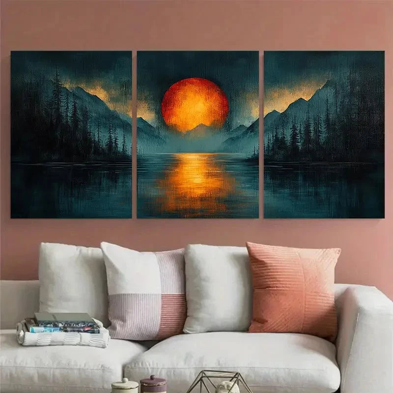 3pcs Cold Toned Blues Grunge Orange Sunset View Wall Art Set Canvas Framed 40x60cm - High Quality Print 100% Australian Made Wall Canvas Ready to Hang - Bella Home Decor