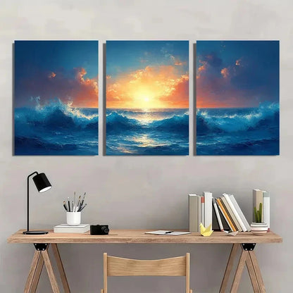 3pcs Abstract Blue Ocean Seascape Oil Paintings Metal Print Ready to Hang Art - Bella Home Decor